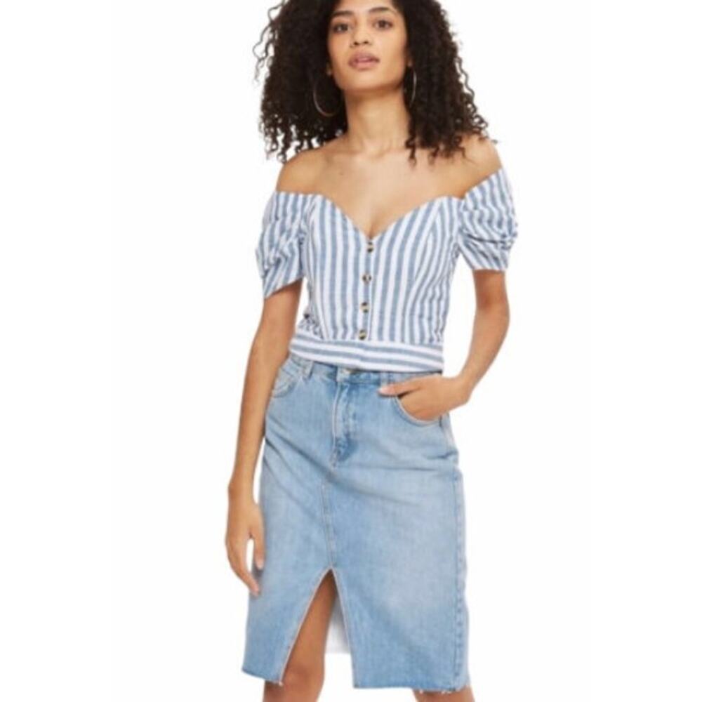 Topshop Light Blue Denim Midi Skirt with Front Slit